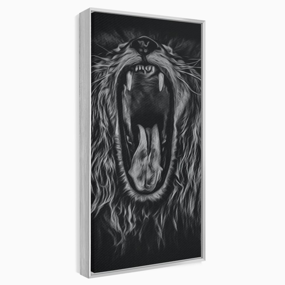 Tablou Canvas cu Leu Care Raguseste, Alb si Negru, M1385